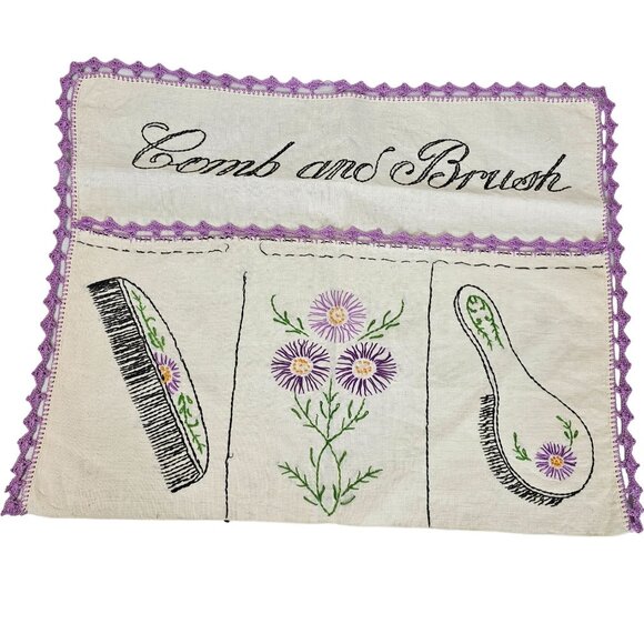 Vtg Embroidered Comb Brush Holder Handmade Pockets Purple Trim Hair Care Travel - Picture 1 of 8